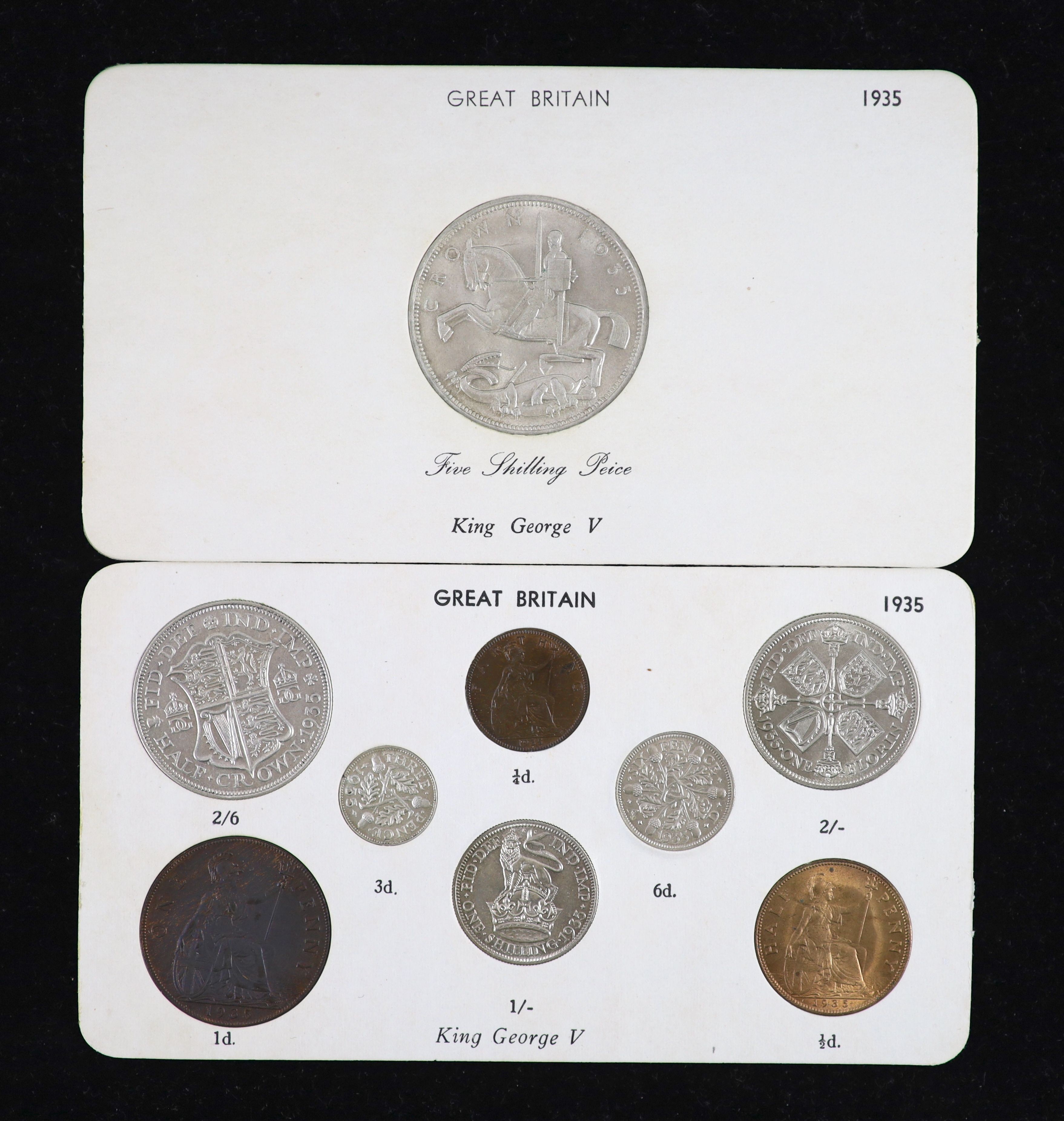 George V specimen set of nine coins, 1935, fourth coinage, comprising Crown (S4048), cleaned UNC, halfcrown and shilling, cleaned EF, florin, sixpence, cleaned UNC, the penny, halfpenny and farthing, toned UNC, halfpenny